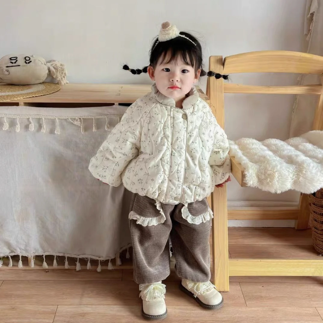 儿童棉衣女童2025宝宝棉服外套加绒加厚新款碎花夹棉百搭冬装上衣