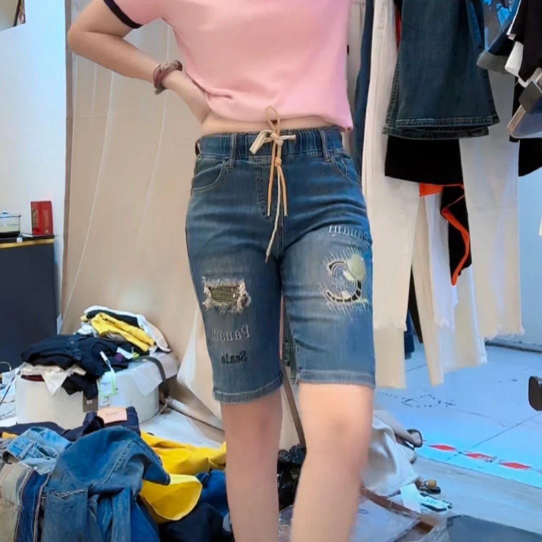 夏季丹宁蓝时尚百搭显瘦女五分牛仔短裤薄款9521