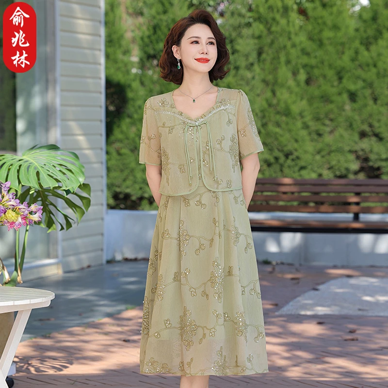 俞兆林妈妈夏装雪纺连衣裙高端洋气中老年女夏季中式长裙新款裙子