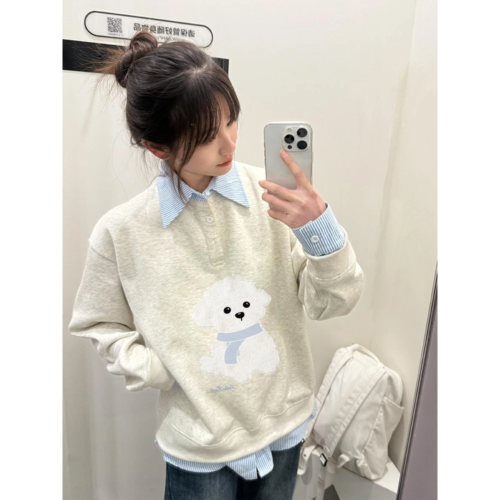拼接衬衫假两件卫衣女春秋薄款小众设计感宽松学院风上衣polo领潮