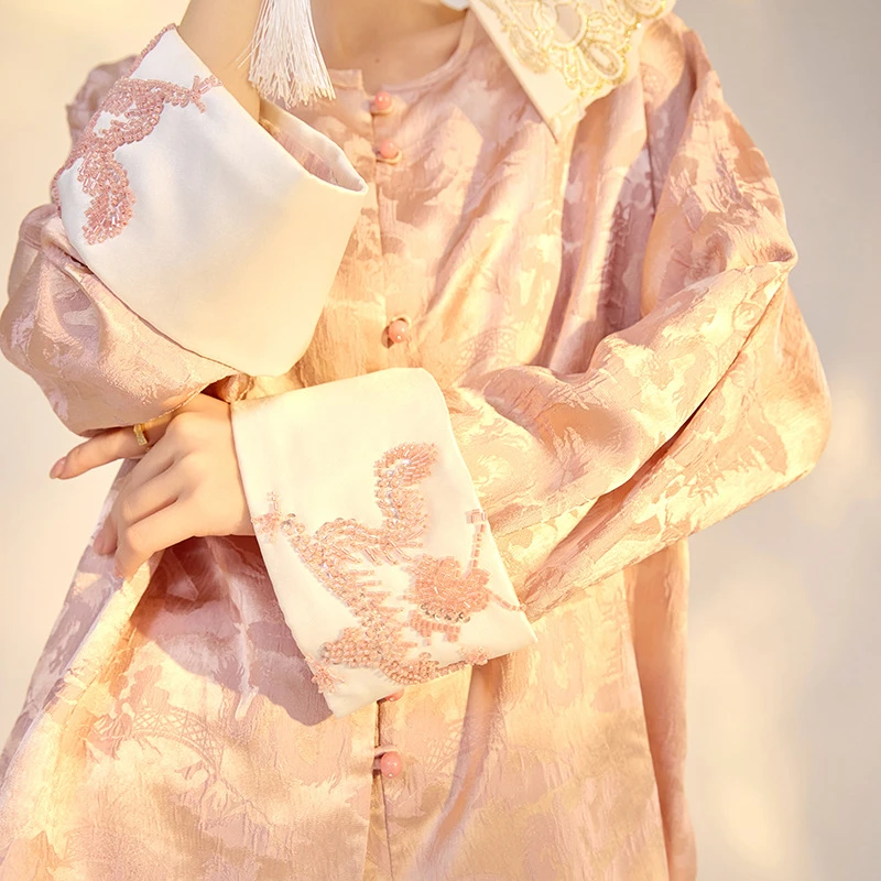 新中式国风提花绣龙刺绣醋酸衬衫新款粉色轻奢气质长袖上衣