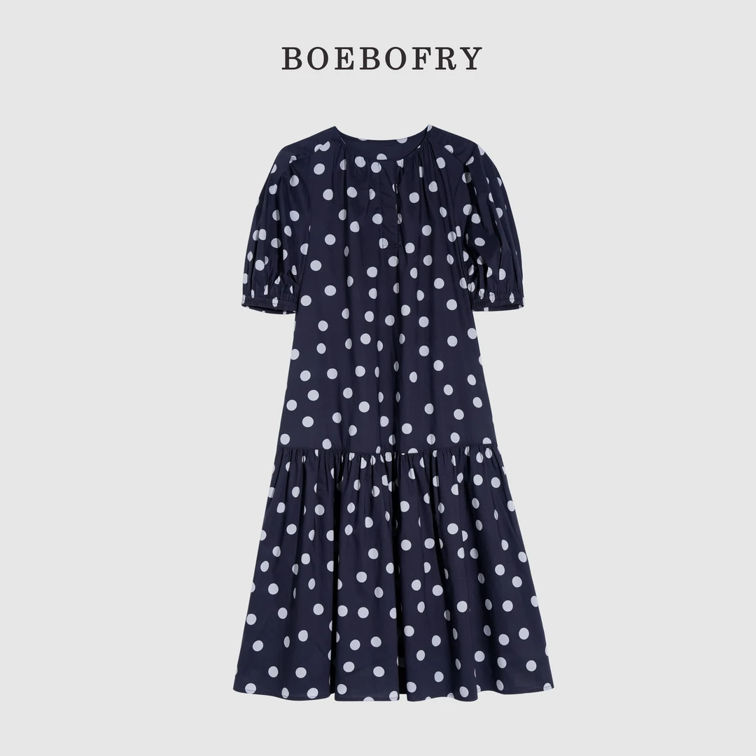 BOEBOFRY<星蓝波点>夏季100%棉欧若风气质减龄连衣裙BE2L0883