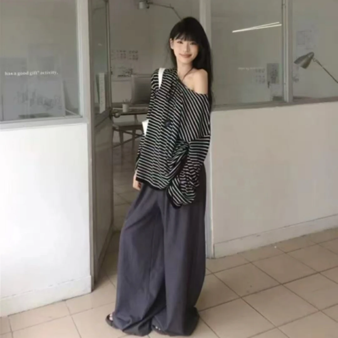 秋季慵懒风斜肩条纹上衣搭配高腰阔腿裤显瘦套装-3690