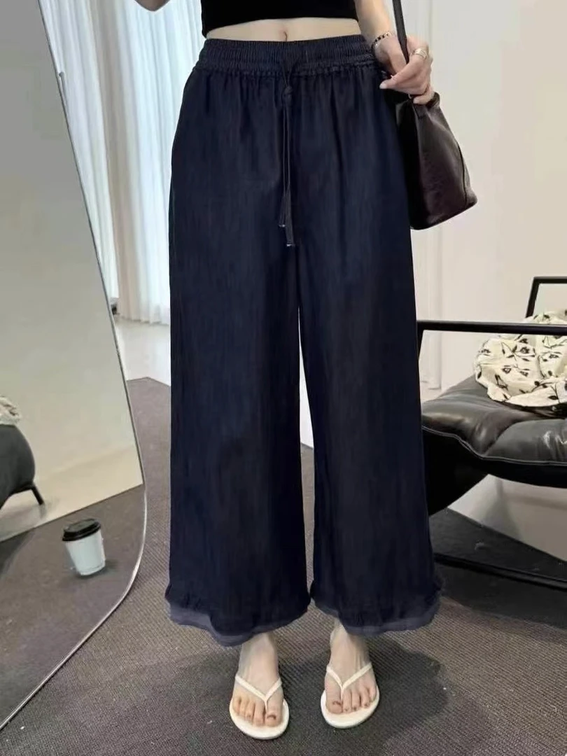 LMM 2829 韩系蕾丝花边拼接高腰九分阔腿裤女2025夏季宽松直筒