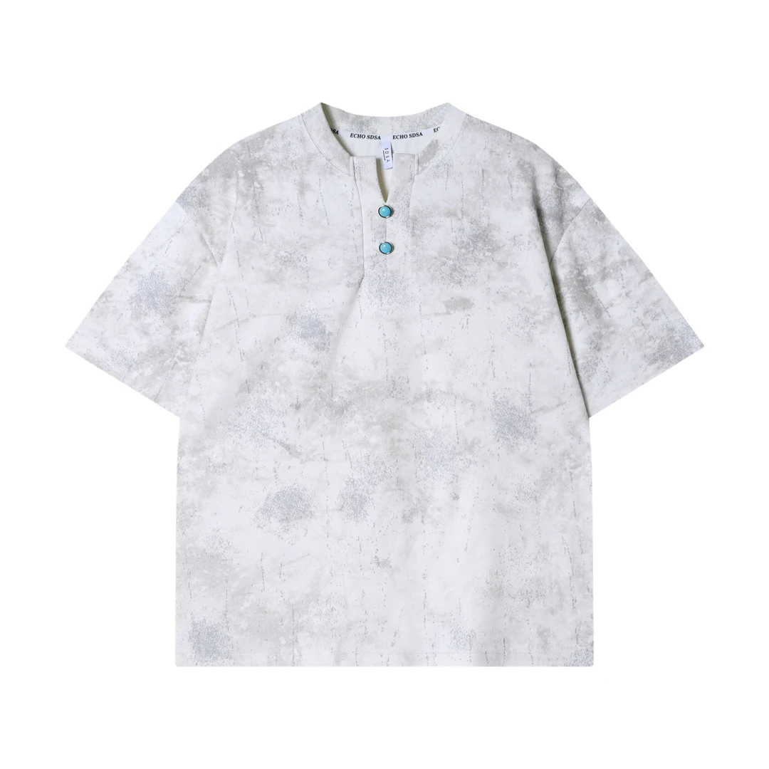 夏季新款时尚个性韩版扎染纽扣小V领短袖T恤简约百搭慵懒套头上衣