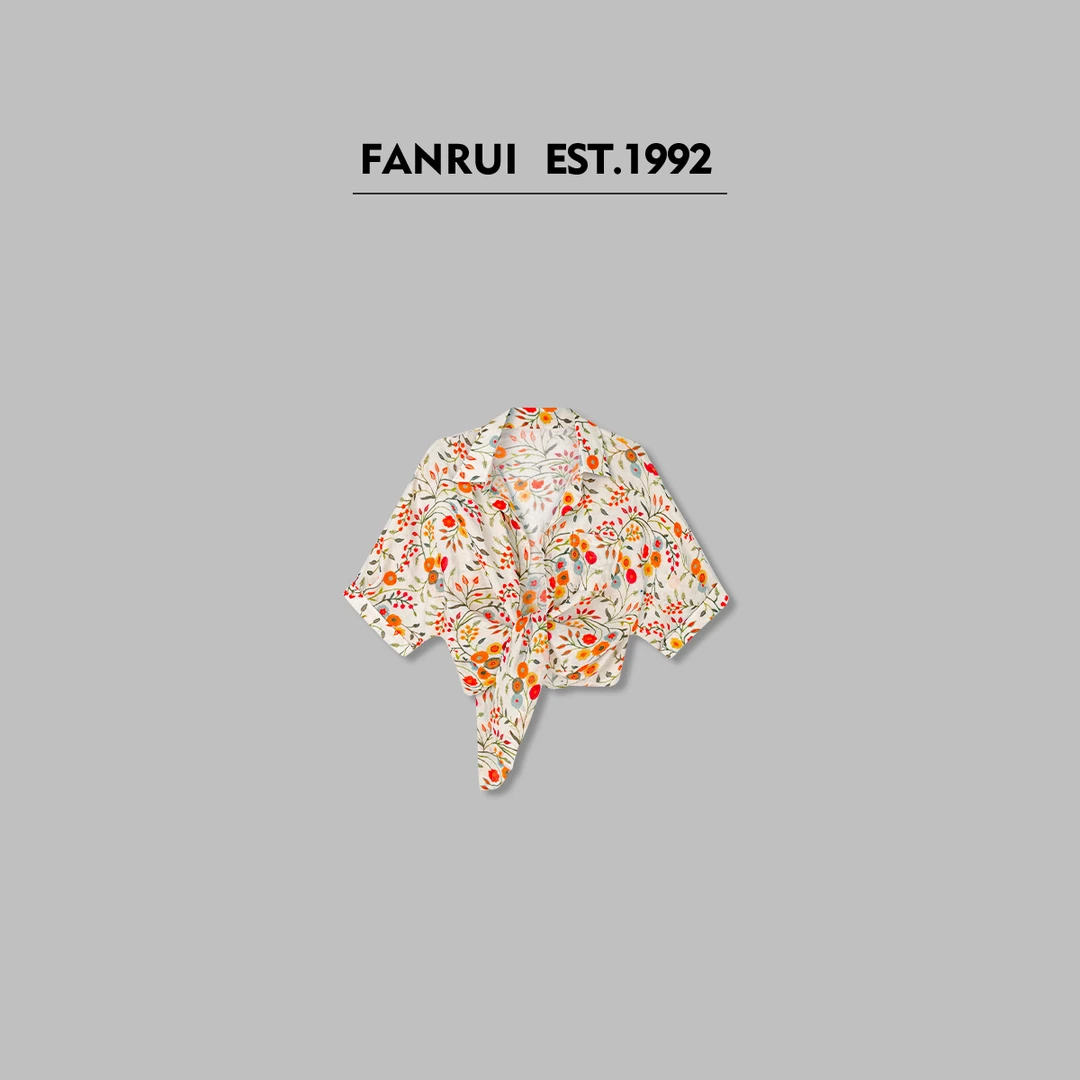 FANRUI/泛芮「杜桑花枝」时髦印花设计感显瘦甜美短袖衬衫T恤B15901