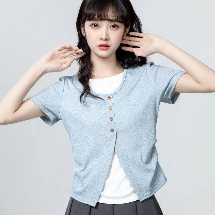 蓝色假两件短袖T恤女夏2025夏季新款不规则撞色拼接体恤短款上衣