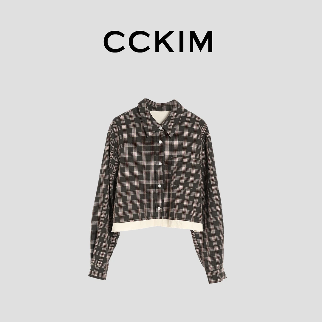 【清清】CCKIM |复古格纹|早秋复古小众设计感短款长袖格子衬衫