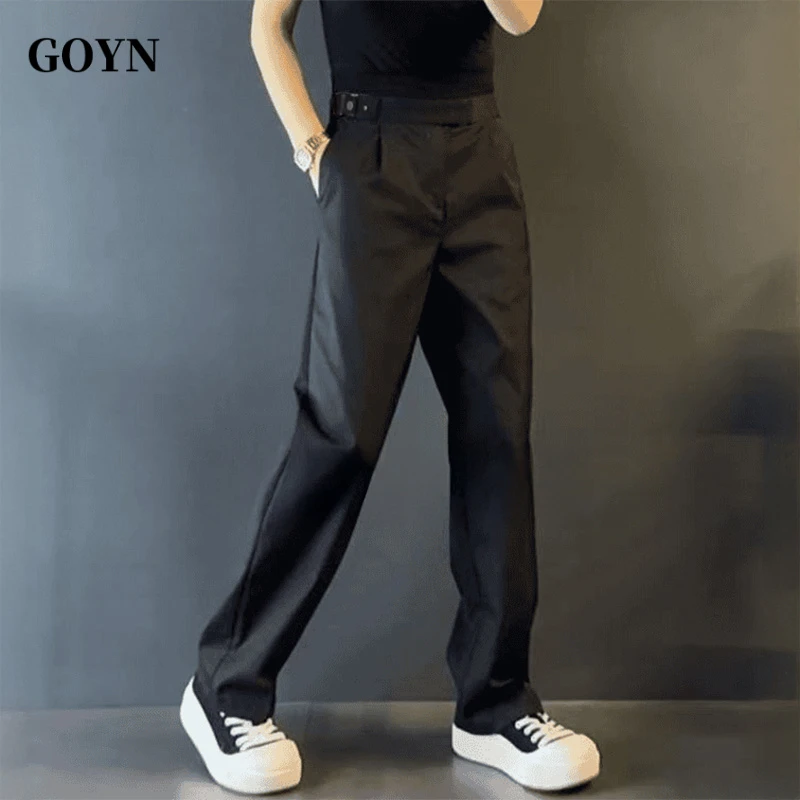 GOYN夏季新款男士垂感纯色休闲裤修身潮流男款宽松阔腿直筒西装裤