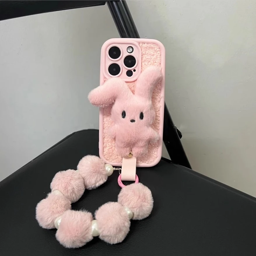 毛绒粉色折耳兔子手机壳适用苹果华为/vivo/oppo小米全包防摔手提