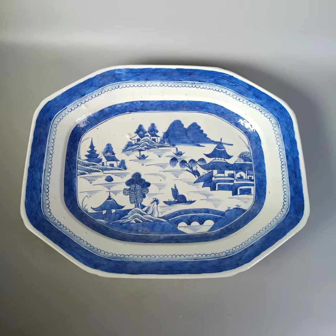 SCS17572乾隆青花山水楼阁八方窝角盘/四川省文物总店