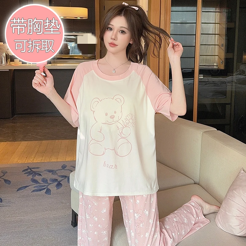 纯棉大码睡衣女带胸垫春夏甜美卡通胖mm穿搭宽松220斤家居服外穿