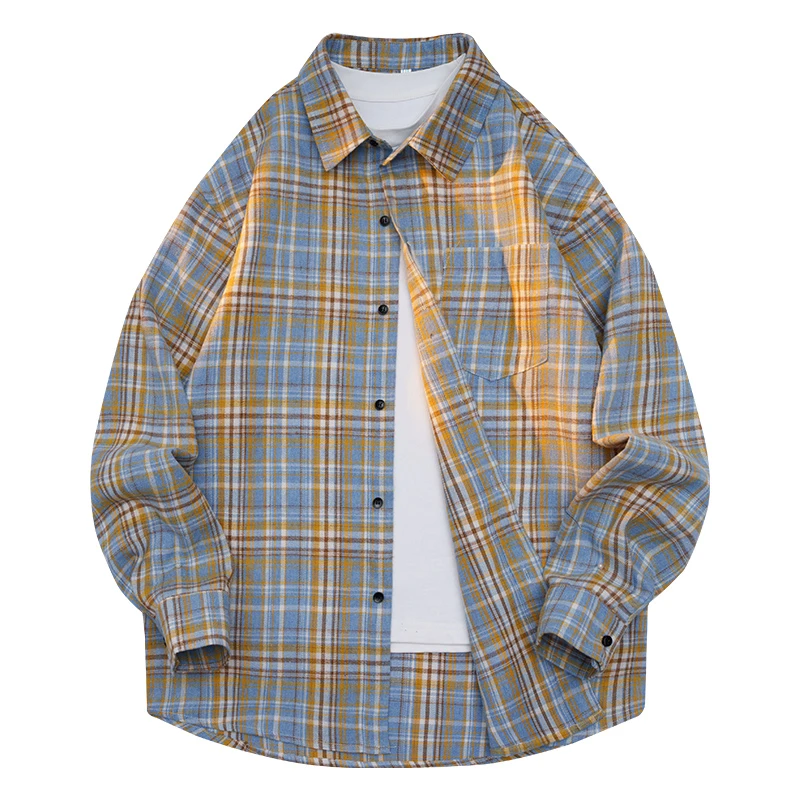 条纹格子衬衫春秋季新款高级休闲美式衬衣情侣宽松复古外套长袖