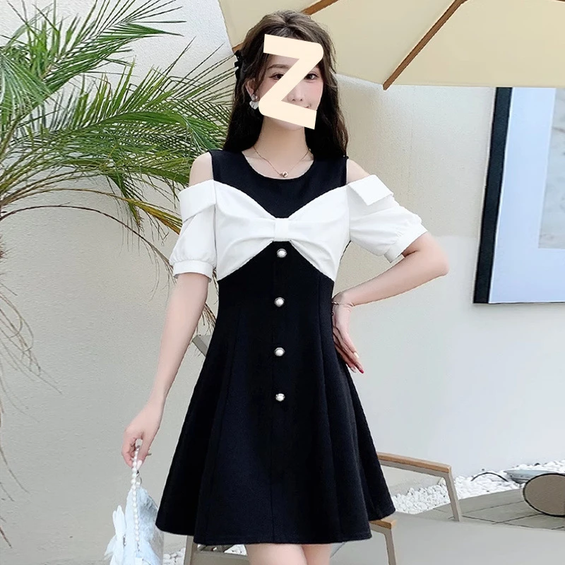 通勤小香风甜美黑色显瘦拼色假两件露肩小个子连衣裙收腰女夏季款