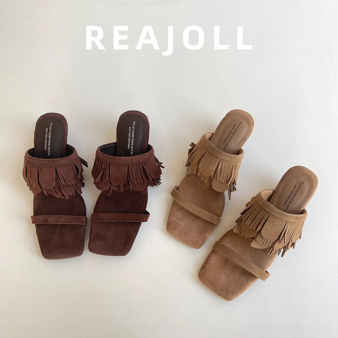 拖鞋女夏外穿2025新款半拖鞋配裙子高级感法式流苏方头不累脚凉拖