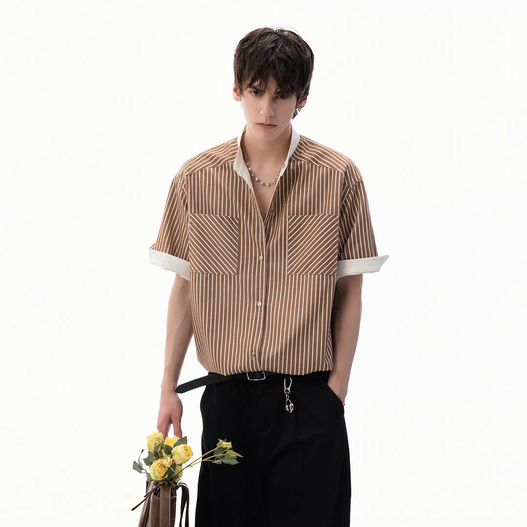 CHOR设计师款男装老钱风痞帅男士两面穿条纹短袖衬衫男款夏季休闲