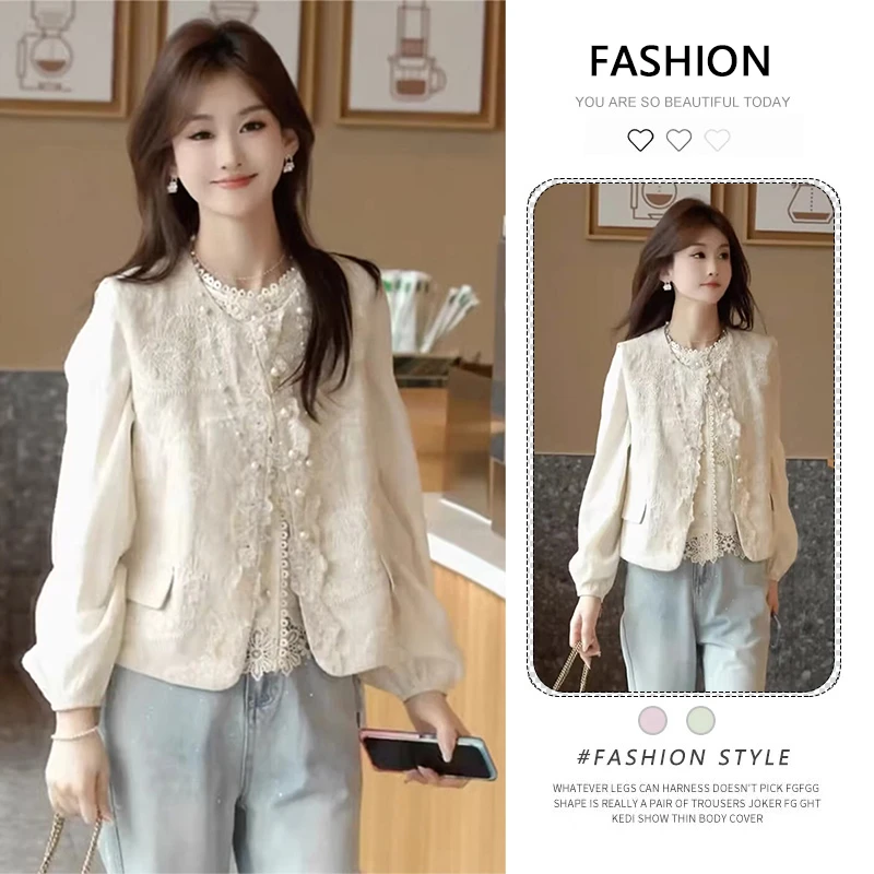 蕾丝拼接短款长袖白色衬衫女春秋2025新款设计感时尚马甲外套上衣