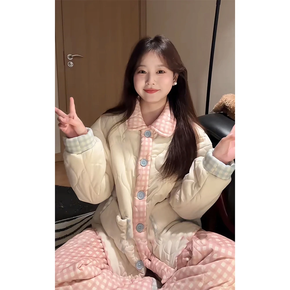 韩版可爱夹棉睡衣女秋冬季新款加厚保暖长袖长裤家居服套装可外穿