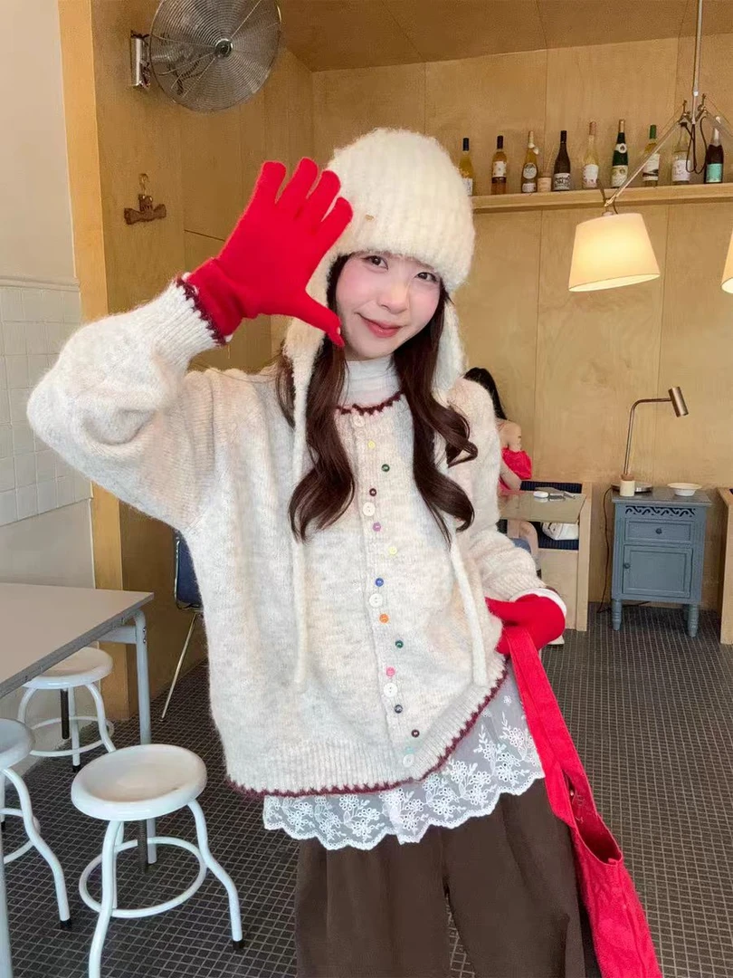 韩版彩扣撞色软糯百搭针织开衫秋冬季新款宽松圆领毛衣