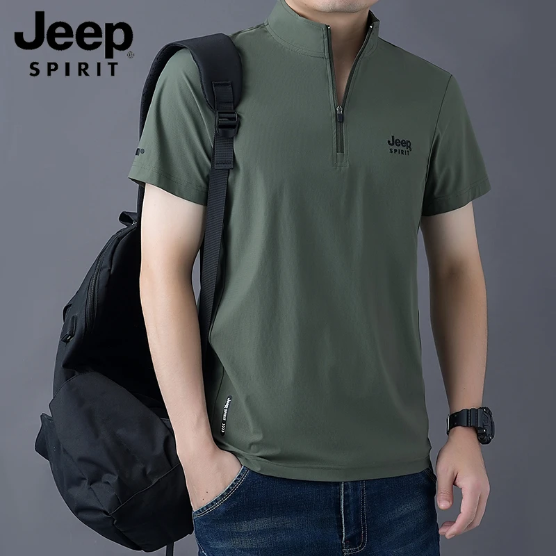 JEEP SPIRIT冰丝半拉链短袖t恤男夏季薄款凉感透气半袖上衣