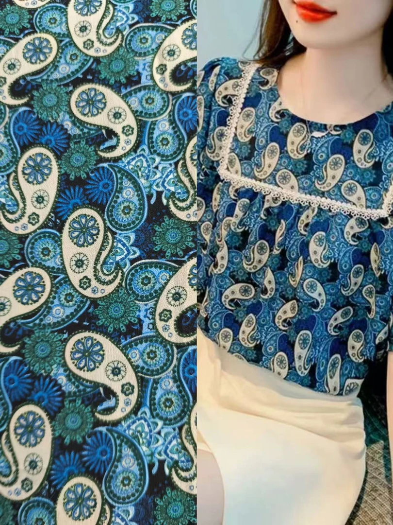 弹力双绉蓝色腰果花连衣裙时装面料高级感布