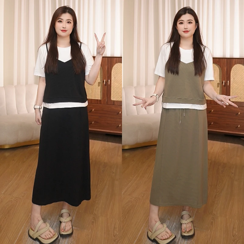 《哆啦》大码休闲时尚套装  夏季百搭拼接T恤胖妹妹半身裙CH64528