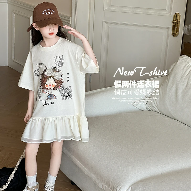 女童连衣裙夏季2025新款洋气儿童卡通T恤裙女大童装薄款韩系裙子