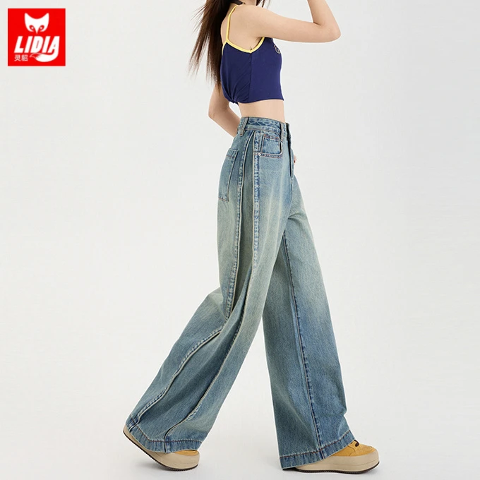 美式复古高腰阔腿牛仔裤女秋季宽松显瘦拖地直筒漂亮窄版长裤子
