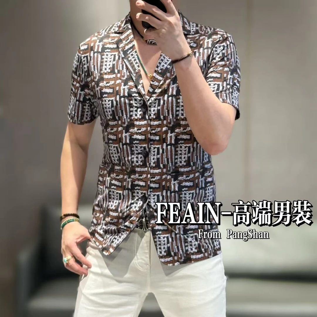 高端定制弹力莱卡顺滑垂感立体修身裁剪编制纹理印花短袖西装2518