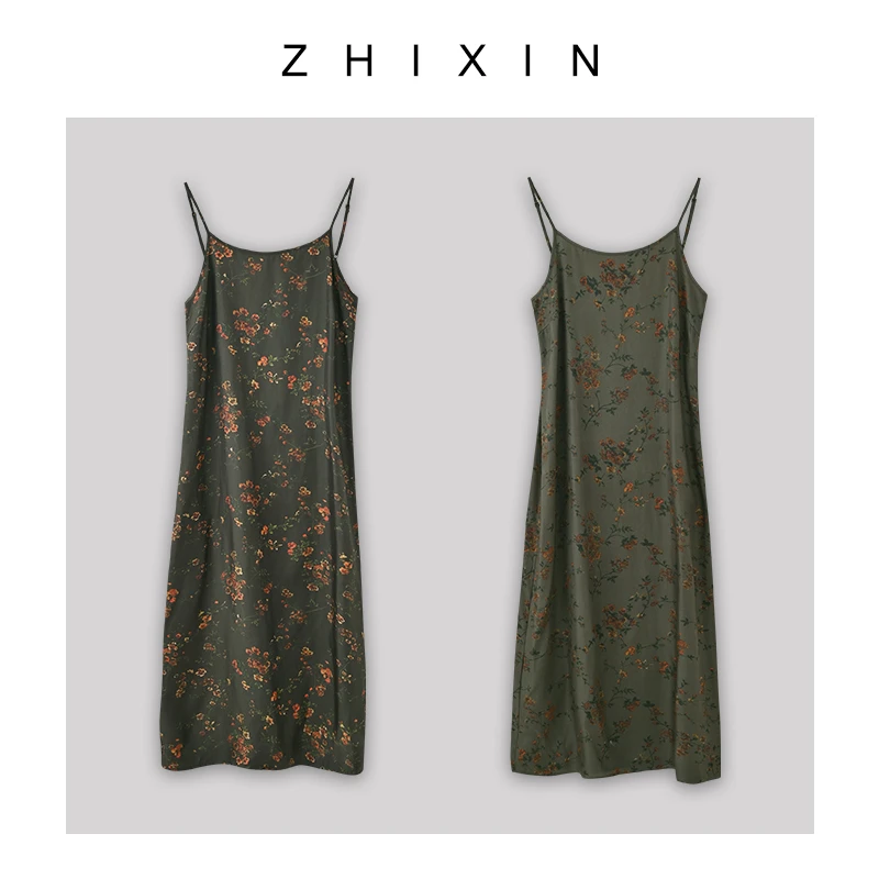 新中式铜氨丝印花吊带裙 定制铜氨丝面料 可调节肩带