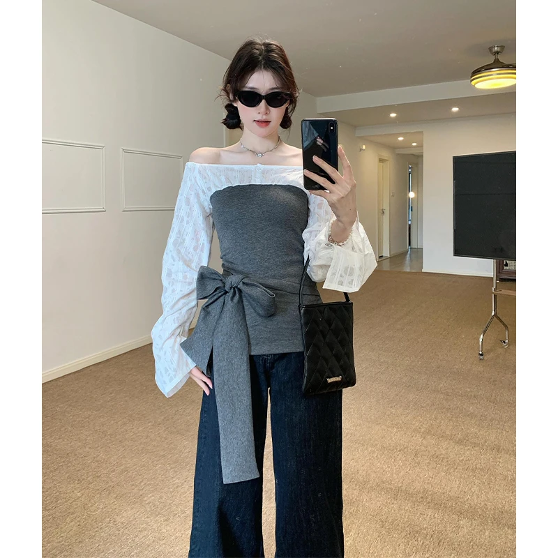 春秋法式小众时尚假两件设计感上衣女绑带辣妹蝴蝶结气质显瘦上衣