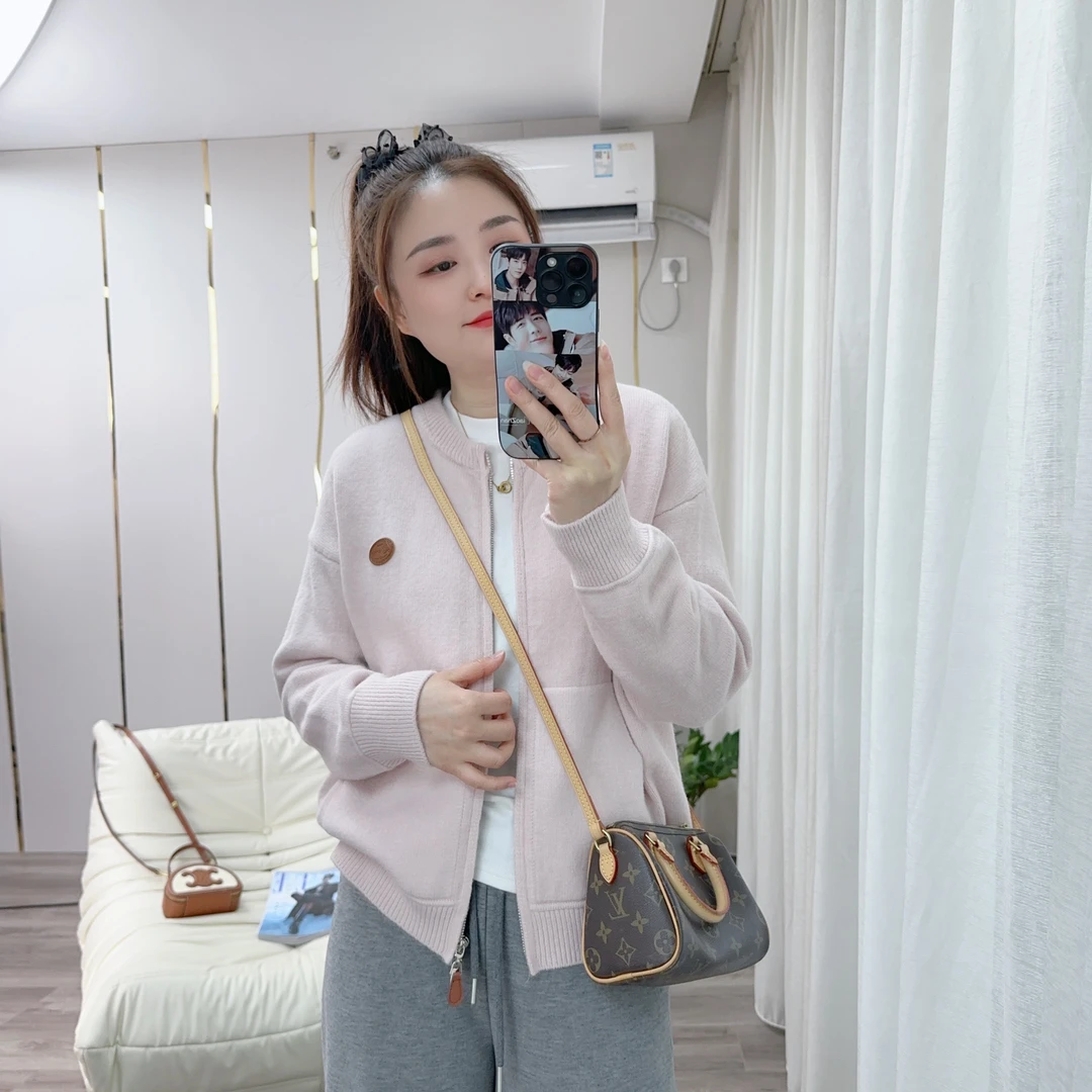 【小雅定制】口袋小标双拉链圆领细针软糯开衫毛衣2025显瘦百搭上衣