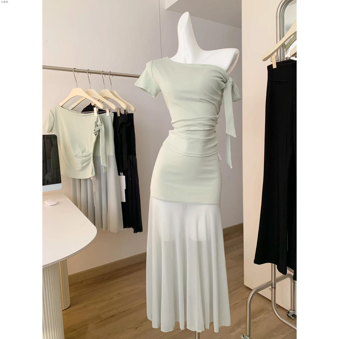 清新绿色短袖斜肩绑带网纱收腰鱼尾裙夏季流行时尚两件套棉质舒适