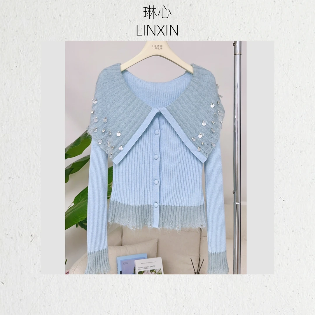 琳心秋冬新款气质百搭蓝色大翻领软糯领针织开衫 0322