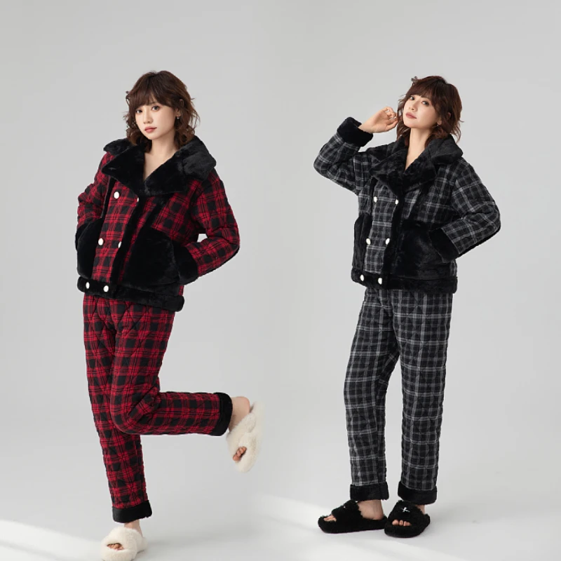 【格伦小姐】2024新款女士加绒加厚睡衣三层夹棉冬季长款家居服套