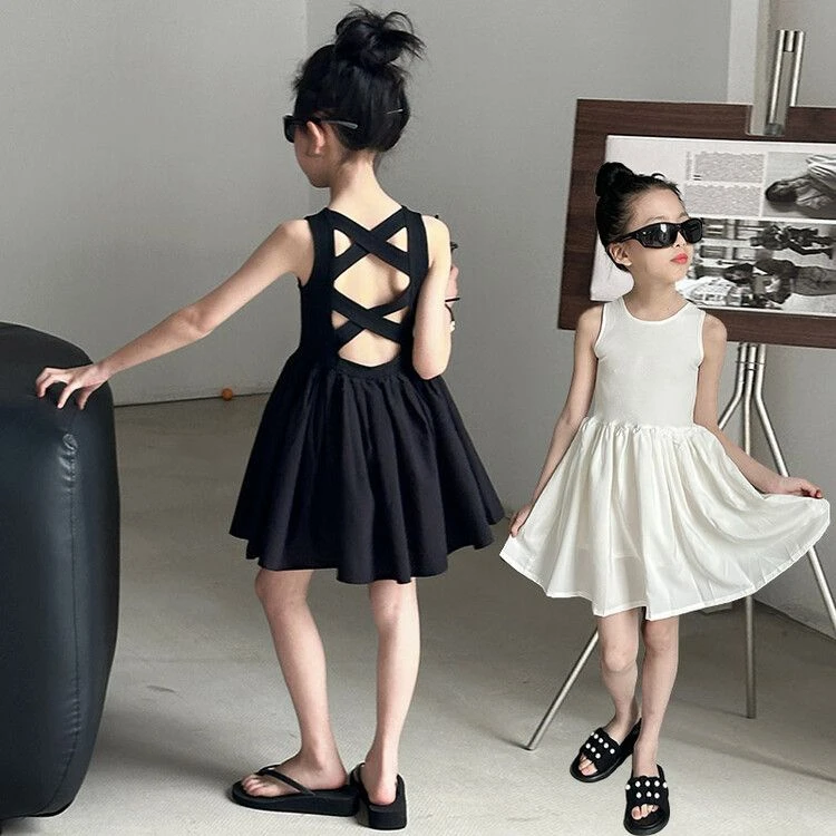 韩国童装女童露背小黑裙女童2025夏季连衣裙儿童蓬蓬裙背心裙洋气