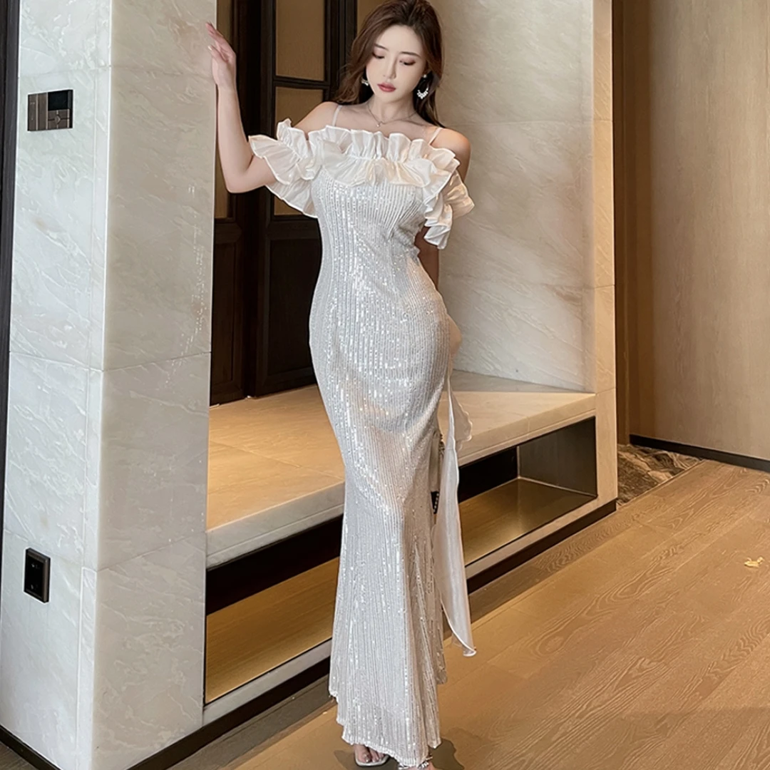 连衣裙夏季晚礼服裙女订婚宴会敬酒鱼尾亮片主持人一字白色奢