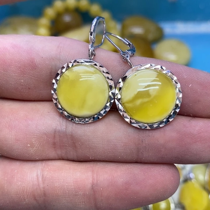 蜜蜡裸石银S925镶嵌耳坠