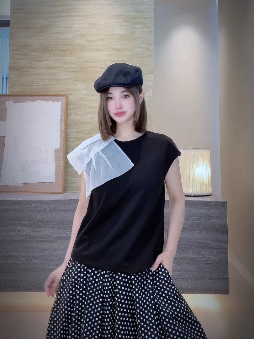 单肩蝴蝶结背心黑色250601