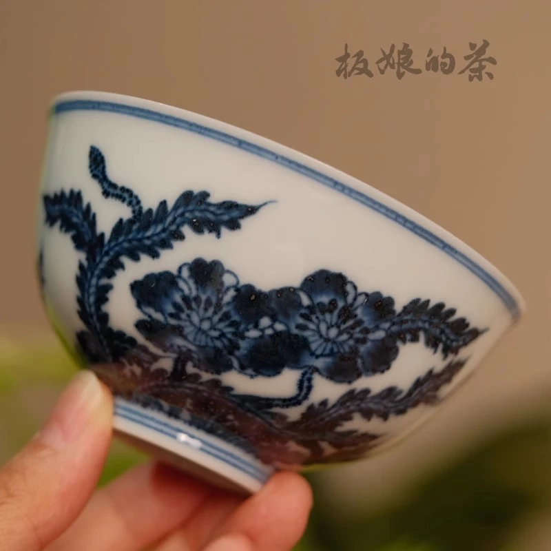 板娘的茶 景德镇高温瓷焱谷青花全手绘虞美人花卉主人杯复古陶瓷