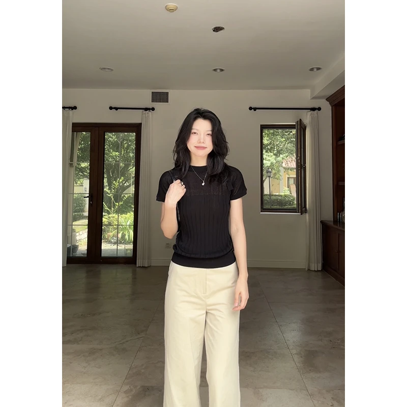 郭九九呢 100%天丝系带显瘦针织短袖简约百搭直筒长裤 G925Z02711