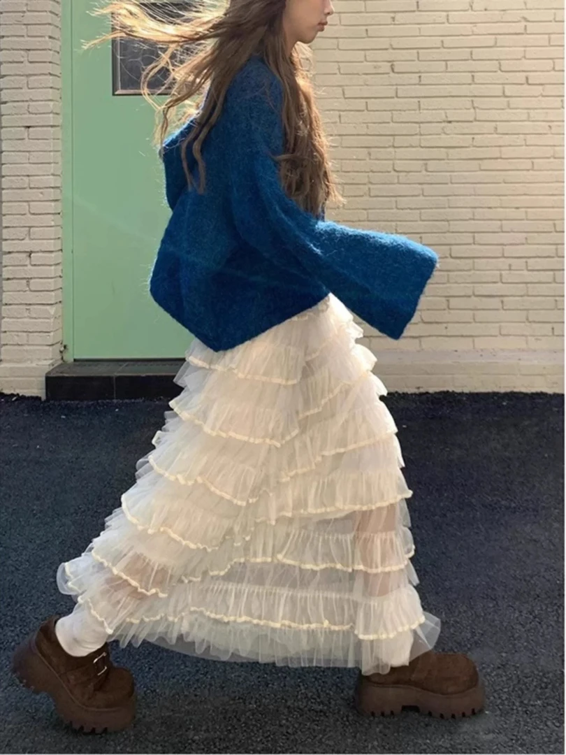 8825法式网纱蛋糕裙甜美少女感半身裙早春高腰a字大摆百搭长裙子