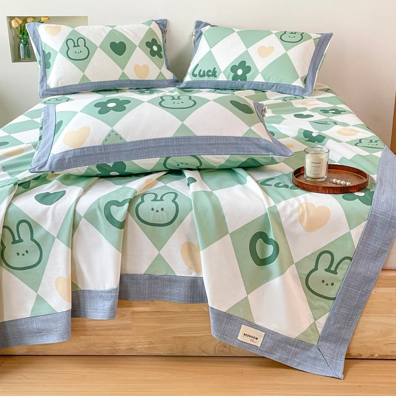 A类绿格可爱兔老粗布床单单件纯棉100%全棉2025新款四季通用被单