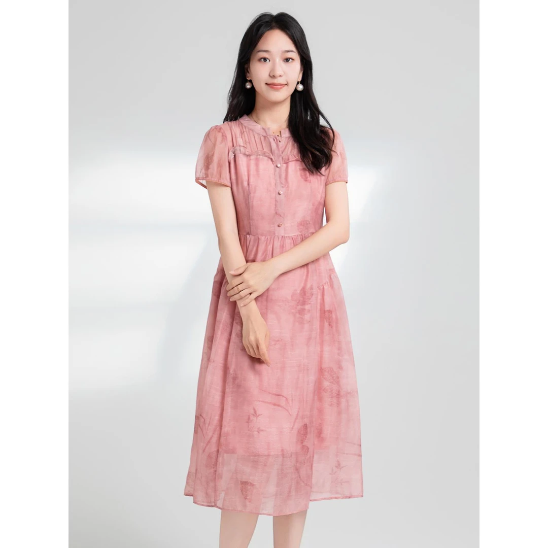 L3072夏新款粉色减龄浪漫印花连衣裙女收腰显瘦V领中长裙