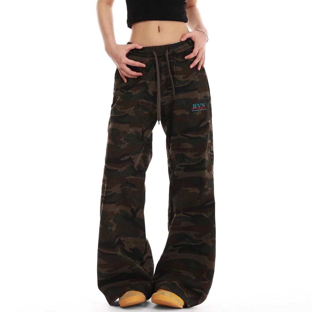 松紧腰绑带设计字母刺绣迷彩直筒休闲裤夏季男女复古长裤美式户外