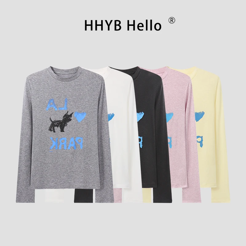 HHYB Hello2025新款时尚印花宽松T恤女防晒宽松长袖打底衫250446