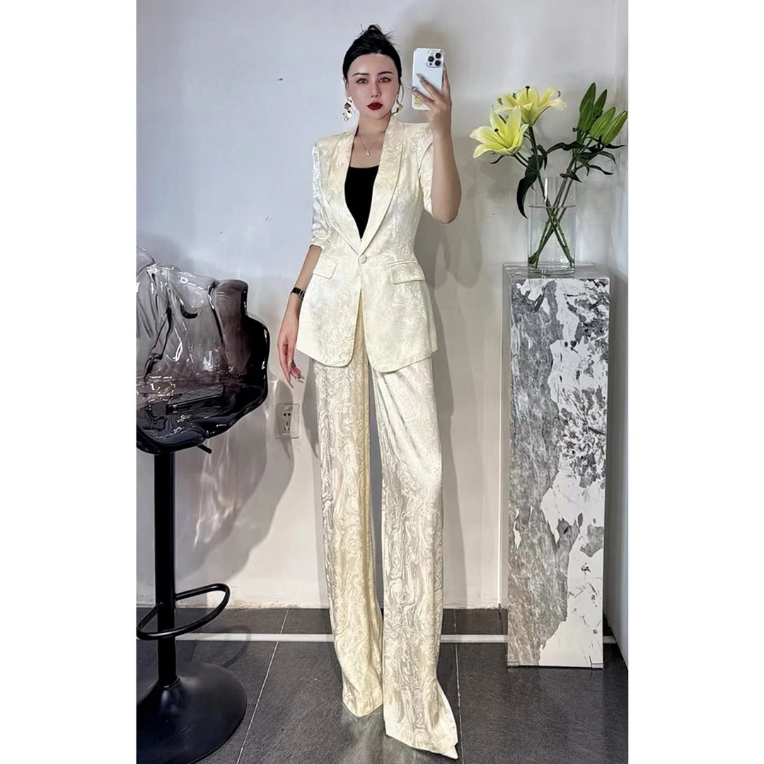 欧洲站女装高级感总裁提花小香风修身一粒扣西装直阔裤套装两件套