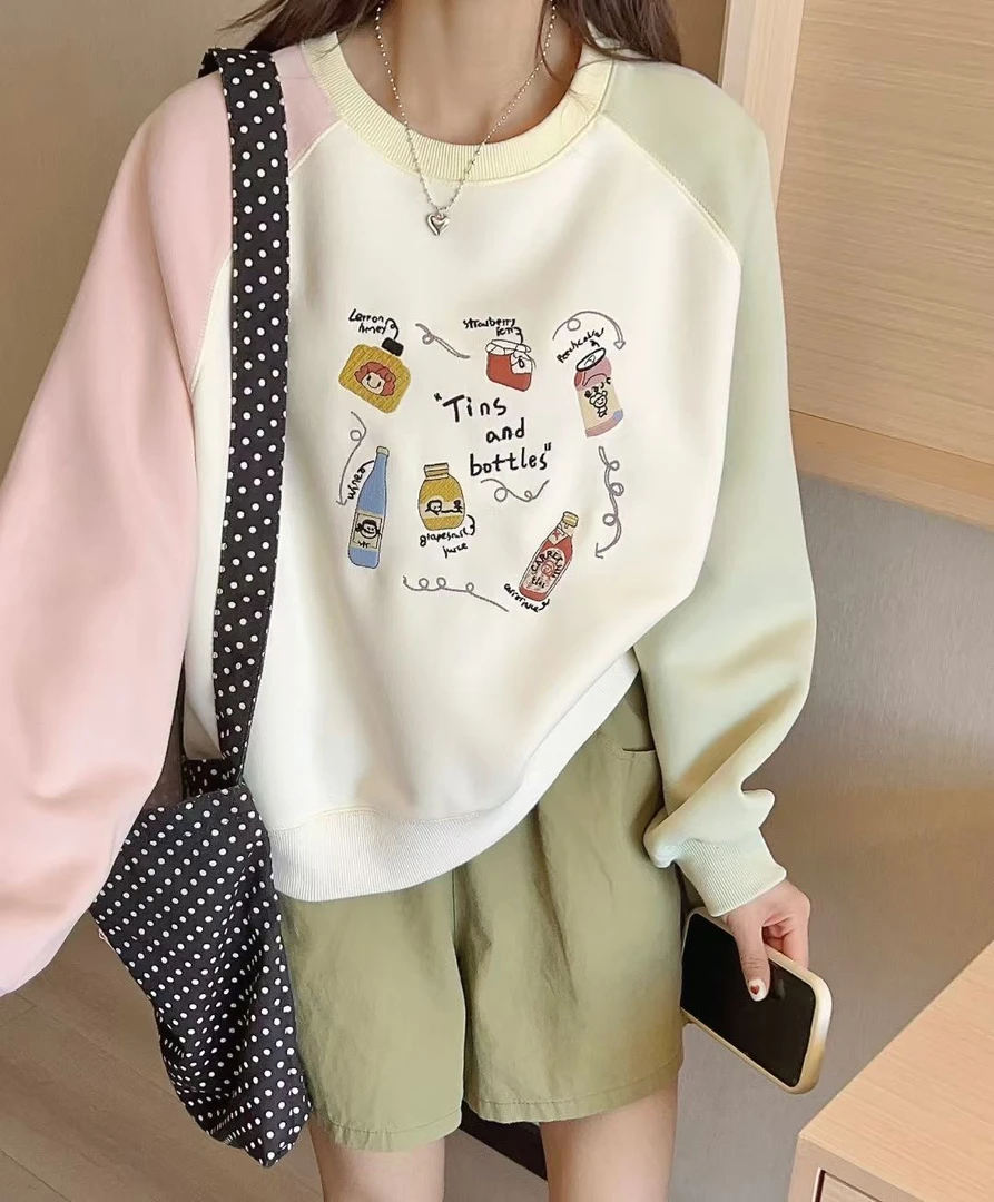 【瓶子满印】春季新款插肩袖圆领卫衣女宽松显瘦慵懒短款上衣休闲