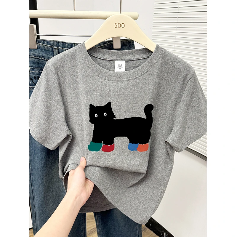 正肩圆领短袖t恤女夏季2025新款韩版小个子洋气休闲慵懒百搭上衣