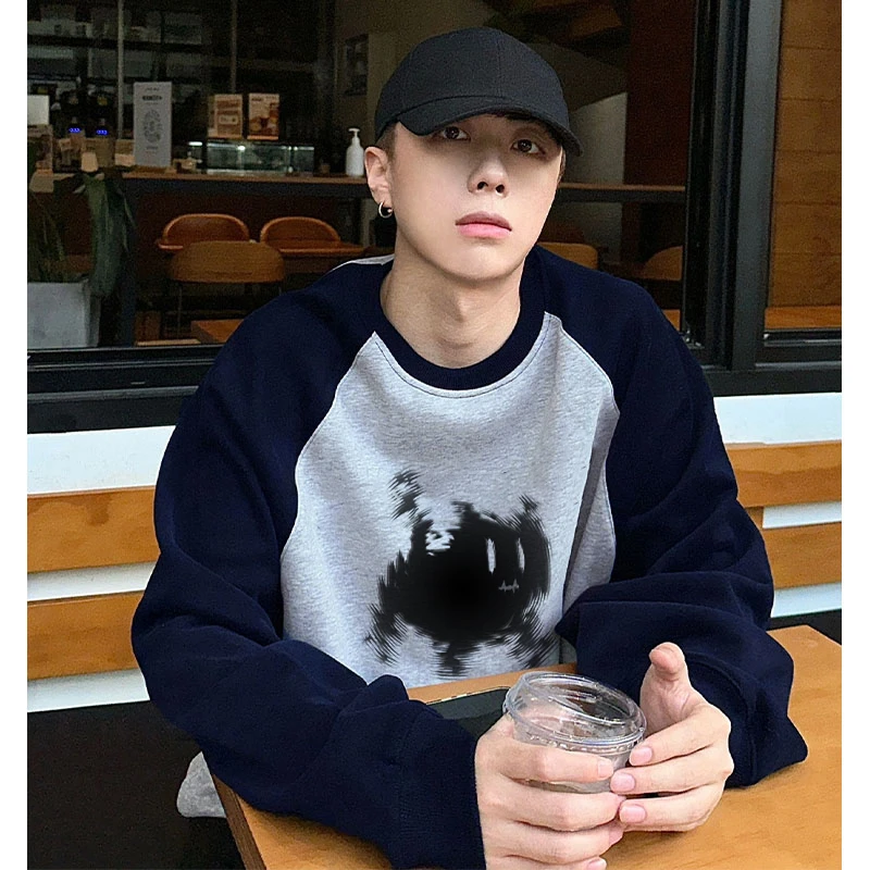 美式小猫咪印花插肩袖套头卫衣男秋冬季ins潮牌加厚撞色拼接上衣